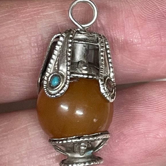 VINTAGE STERING SILVER PENDANT BUTTERSCOTCH JASPER LANTERN SHAPE GEMSTONE TRIM - Picture 2 of 5